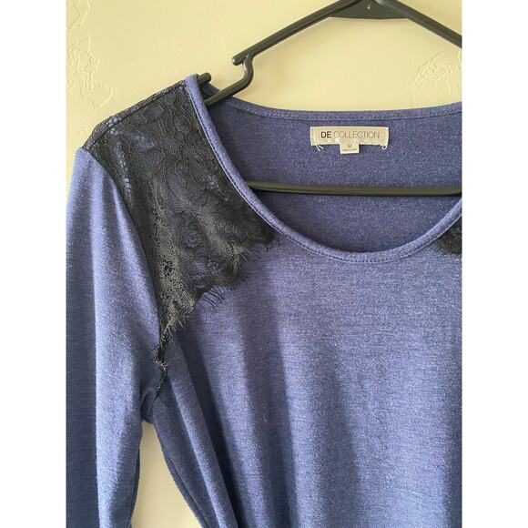 Downeast Blue Midi Dress with Black Lace Shoulder Detailing and Tie Waist - Picture 4 of 6